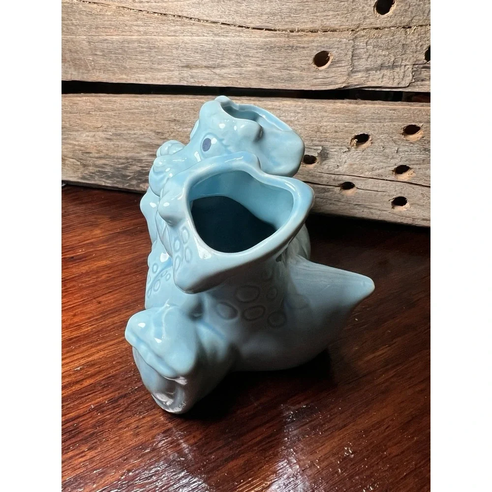 Twin‎ Dinosaurs Planter Vase Two Dragons Vintage Blue Ceramic Turquoise Vase